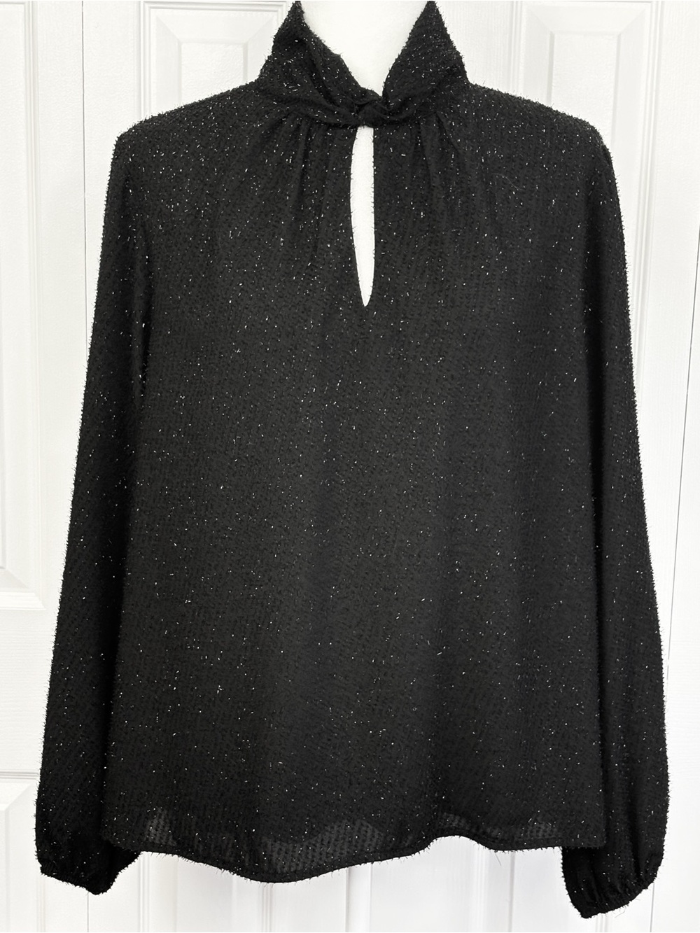 Nine West Black Metallic Fuzzy Tinsel Textured Long Sleeve Keyhole Top XXL